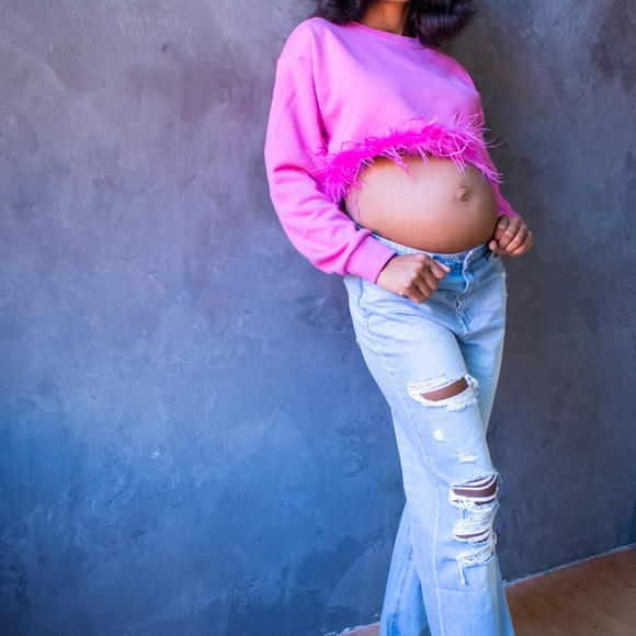 MIMI" sweater is long sleeves with faux feather trim. - Picture 3 of 4